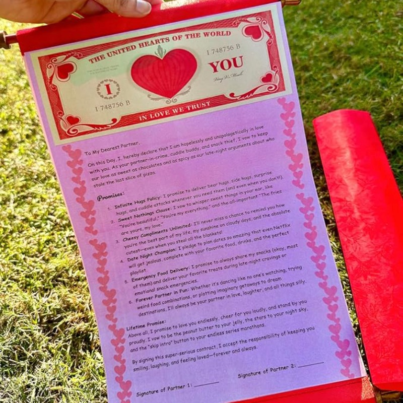 Promise love contract scroll for anniversary wedding marriage engagement valentines day, gift hamper for partner girlfriend boyfriend husband wife him her couple (pink, 1 scroll)
