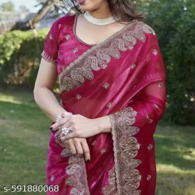 Women's Traditional Embroidered Organza Saree || Saree for Wedding || Jimmy-choo Saree
