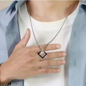 Geometric Black & Silver Stainless Steel Pendant Necklace – Stylish Chain for Men & Boys
