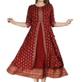 Women Rayon Gold Printed Long Gown Kurta