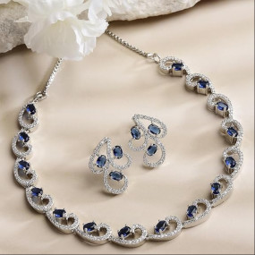 Toned White Cubic Zirconia & American Diamond studded Necklace and Drop Earrings Jewellery Set for women