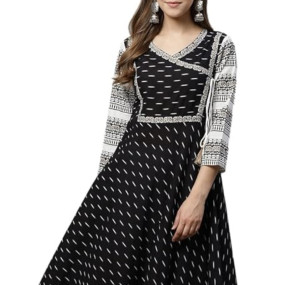 Women's Cotton Relaxed Fit Anarkali Slub Ikat Printed Kurta