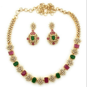 Traditional Micro Gold Plated Multi Color AD American Diamond Jewellery Necklace Jewellery Set for Women and Girls
