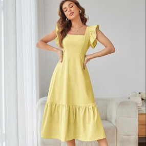 Women's Solid Color Square Neck, Ruffle-Trimmed Hem Sleeveless, Ruffle Armhole and Casual Dress with Cinched Waist Vacation Outfits Woman