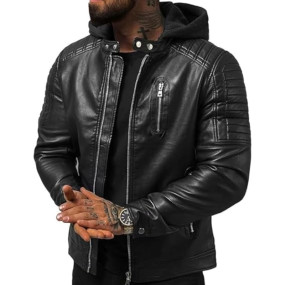 Men's Faux Leather Hooded Motorcycle Jacket Removable Hood
