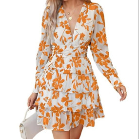 Women’s V-Neck Floral Print Ruffle Long Sleeve A-Line Mini Dress | Elegant Casual Party Outfit | Lightweight Layered Summer Wear