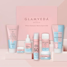 Glamveda Korean Rice & Ceramide 7 Step Weekly Skincare Routine For Women with Gift Box | Face wash, Peel Off Mask, Toner, Serum, Under eye cream, Moisturizer & Sunscreen | Skin Brightening