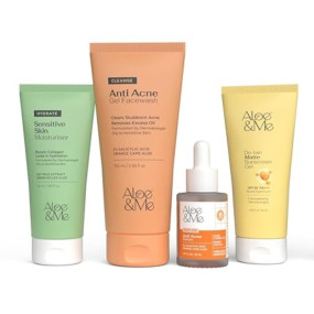 Aloe&ME 4 Step Anti Acne Kit | Facewash, De-Tan Matte Sunscreen Gel, Moisturizer, Serum | for All Skin Types | Men and Women