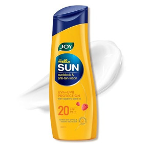 Joy Hello Sun Body Sunscreen Lotion SPF20 PA++ (300ml) | UVA + UVB Protection | Tan Control and restores Glow | Lightweight, Fast Absorbing & Zero White Cast | For Normal to Oily Skin