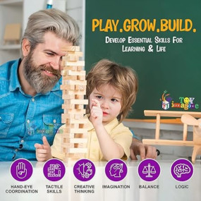 Toy Imagine Wooden Tumbling Tower Game – Indoor Stacking Puzzle Blocks for Kids, Adults & Families – Fun Balancing Toy for Boys & Girls of All Ages – Party Game & Brain Teaser