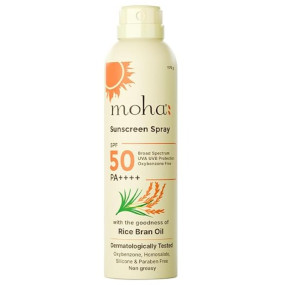Moha Sunscreen Spray SPF 50 PA++++ | Lightweight & Non-Sticky SPF Spray for Face & Body | Quick-Absorbing, Waterproof & No White Cast | With Rice Bran Oil to Nourish & Protect Skin - 170g
