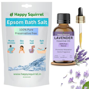 Happy Squirrel Bath Salt | Lab tested - 100% Pure Epsom Salt & Lavender Essential Oil | Can be used as Pedicure Salt, Foot Soak, Spa & Aromatherapy (Epsom Salt 275gms + Lavender Oil 15ml)