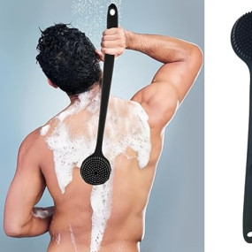 Wazdorf Soft Silicone Back Scrubber Shower Bath Brush with Long Handle | Flexible Bristles for Smooth Skin | Exfoliating Brush | Body Scrubber for Women, Men & Boys| for Body Wash & Bathing(Black)