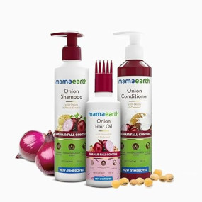 Mamaearth Anti Hair Fall Spa Range Hair Care Set: Onion Shampoo 250 ml + Onion Conditioner 250 ml + Onion Hair Oil 150 ml