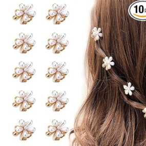 RedChimes Korean Style Small Pearl Mini Hair Claw Clips with Flower Design, Sweet Artificial Decorative Hair Accessories for Women's Girls Pack of 10 Pcs