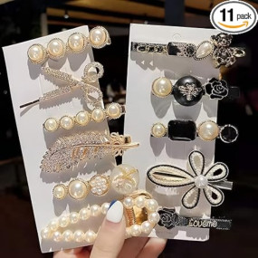 Annacreations Korean Fashion Style Pearl Rhinestone Metal Hair Clips Hair Pin Stylish Hair Accessories Jewellery For Women's And Girls (Pack of 11 Pcs)
