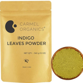 CARMEL ORGANICS Indigo Leaves Powder (340 Grams) – Natural Hair Colorant for Black/Brown Hair, Includes Gloves & Hair Cap, No Added Colors or Preservatives, Avuri Akulu, Indigofera Tinctoria