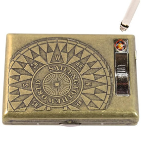 GUSTAVE® Retro Metal Cigarette Case for Men - USB Rechargeable Flameless Coil Lighter, Can fit upto 20 pcs Regular Cigarettes(85mm), Coil Lighter Gift for Men