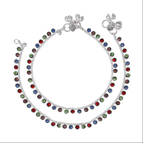 Fashion Jewelry Anklets for Women: Rhodium Plated Rainbow Bliss: Colorful Crystals Enhanced Lightweight Anklets for a Playful Look for Girls and Women-OSAK007-IRMC ANKLET