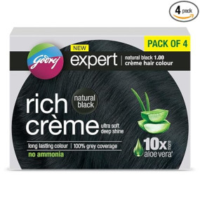 Godrej Expert Rich Creme Hair Colour Sachet - Pack of 4 Natural Black 1.00 (80g+80ml) | with Aloe Vera & Milk Protein | No Ammonia