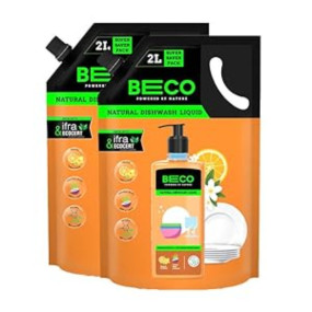 Beco Natural Dishwasher Liquid Refill | 4L - 2 x 2L Pack | Anti-Bacterial Formula | Orange Citrus Freshness | Ecofriendly Dish Washing Liquid Gel | Tough Grease Removal | Leaves No Residue on Utensils