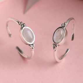 CLARA 925 Sterling Silver Moonstone Toe Rings Pair | Size Adjustable | Gift for Women and Girls