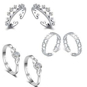 Om Jewells White Alloy Rhodium Designer Adjustable Toe Ring for Women - Combo of 3
