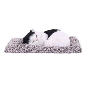 FELUX Sleeping Cat Plush Toy with Press Sound – Realistic Fur Stuffed Animal | Breathing Sound Toy for Kids, Desk & Car Dashboard Décor-Multicolor