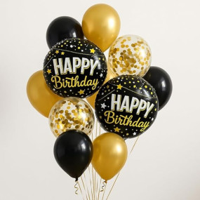 AMFIN (Pack of 11) Happy Birthday Round Foil Balloon Combo for Adult, Friends, Husband, Boyfriend, Girlfriend, Wife Party Decorations / 1st Birthday Balloons Decoration Kit - Black & Golden