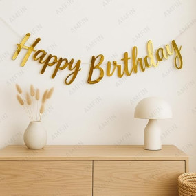 AMFIN (Pack of 1) Happy Birthday Party Cursive Metallic Banner - Gold