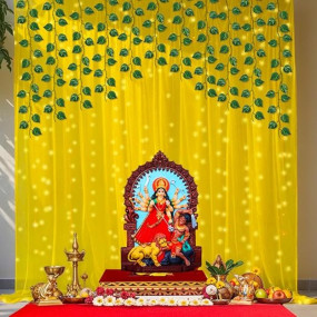Party Propz Navratri Decoration Items, Diwali Decoration for Home Decor, Yellow Backdrop for Decorations, Backdrop Cloth for Decorations Pooja, Haldi Decor (8Pc)(Light 9m, Leaves, Satin Mix)