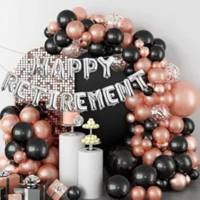 Rozi Decoration Happy Retirement Party Supplies Decoration Kit retirement party decorations Balloons- (82 Pcs Pack) happy retirement Silver Balloon for men and women Rose Gold-Black (Pack of 82 Pcs)