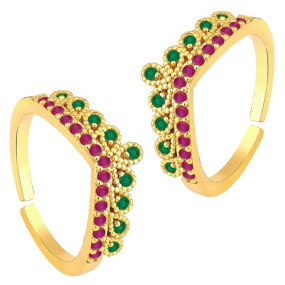 Peora Rani Pink Green Cubic Zirconia Studded Fancy Toe Ring Adjustable Gold Plated Bichiya Fashion Jewellery
