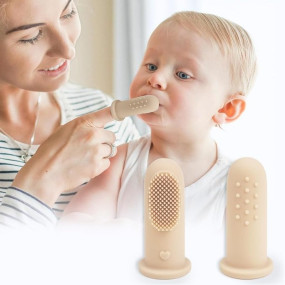 R for Rabbit Tiny Smiles Gummy Finger Toothbrush for Babies | BPA-Free Silicone 2 in 1 Brush & Tongue Cleaner with Storage Case | Oral Care for 0+ Months | Safe & Travel-Friendly (Beige