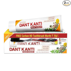 Patanjali Dant Kanti Toothpaste Value Pack (200g x 1N and 100g x 1N : 300 g) and Toothbrush for Cavity Protection, Eliminates Bad Breath, Gingivitis Prevention