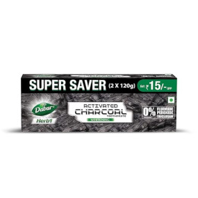 DABUR Herb'L Activated Charcoal Toothpaste-240G (120Gx2,Pack Of 2)|Black Gel Toothpaste|Whitening |Fluoride Free|Fights Plaque&Extrinsic Stains|With Power Of Mint|Cool&Refreshing Mouth Experience