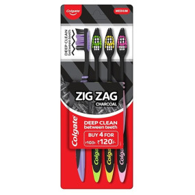 Colgate ZigZag Charcoal Medium Bristle Manual Toothbrush for adults - 4 Pcs, Removes Germs in Between Teeth, Soft-tongue cleaner