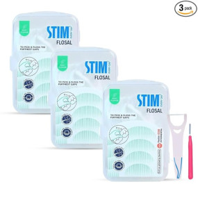 STIM Flosal – Dental Floss Pick & Toothpick | Dual-Action Oral Hygiene Tool | Right-Angle Design for Molars | Plaque & Food Remover | Dentist Recommended | Pack of 3