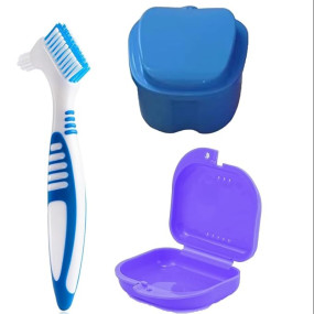 Retainer Case and Cleaner Set, Dual Denture Box with Soft Brush, Includes Purple Small Case, Blue Large Case, Green Toothbrush, Supply Complete Clean Care