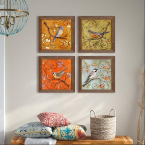 Painting Mantra Floral & Birds Theme Framed Painting/Posters for Room Decoration, Set of 4 Brown Frame UV Textured Art Prints/Posters for Living Room by Painting Mantra (4 Unit, 9 x 9 Inches)
