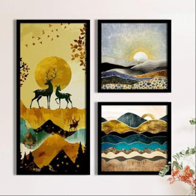 Painting Mantra Landscape & Deer Framed Painting/Posters for Room Decoration, Set of 3 Black Frame Art Prints/Posters for Living Room (1 Units 22 x 47 cm, 2 Units 22 x 22 cm)