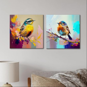 Painting Mantra Stretched Canvas Painting of Colorful Birds Art for Wall Decoration, Home, Office, Living Room Décor (Size: 12x12 Inch, Set of 2)
