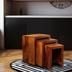 URBAN WOODS Nidium Nesting Table Set - Sheesham Wood, Honey Finish - Versatile and Space-Saving Furniture Trio for Stylish Home Interiors for Functional Living Spaces