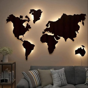 DEKORSTATION World Map Golden Yellow Backlit Wood Wall Decor&Night Light Decorative Wall Art With Walnut Finish, 112 CM