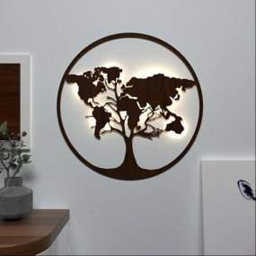 DarkIndia Walnut Tree Shape World Map Decorative Wall Backlit Art & Night Light | Modern Wall Light for Bedroom, Living Room, Office Decor | 18 x 18 Inches