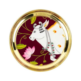 Click to see full view   VIDEO    Klassic 6 Inch Handcrafted Brass Thali/Aarti Plate | Cow Design, Beautifully Embossed Colorful Decorative Plate for Puja/Worship, Aarti, Karwa Chauth, Navratri, Diwali Gift | Medium(Pack of 1, Golden)