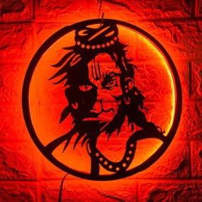 Wall Mitra Lord Hanuman MDF Wood Backlit Wall Art With LED Light For Living Room - Hanuman Ji Wall Decor, Wall Art For Home Decorations(Orange) 12x12