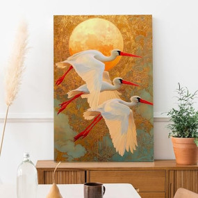 Canvas Gallery Wrap Framed Painting | Three Birds with a yellow Background | Wall Art for Living Room, Bedroom, and Office Decor | Size 20 In x 30 In DS1495