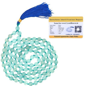 Certified Aquamarine Crystal Japa Mala Ganthi - 108 Beads Buddhist Prayer Beads - AAA Grade Original Healing Gemstone Agate Mala for Yoga Meditation Spiritual Reiki Feng Shui