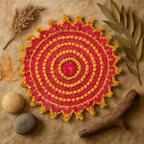 Handcrafted Pink & Yellow Woolen Thalposh | 20x20 Inch Square Table Mat for Puja Thali, Festive Decor, Gifting | Traditional Indian Wool Decor | Vibrant Colors | Soft Texture | Easy to Maintain